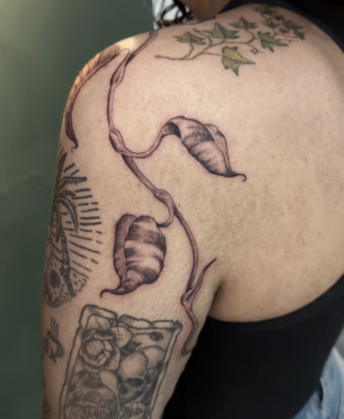 atuaje de hojas estilo delicado en brazo – Cheno Tattoo Pachuca