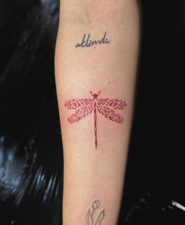 Tatuaje minimalista libélula roja en antebrazo – Cheno Tattoo Pachuca